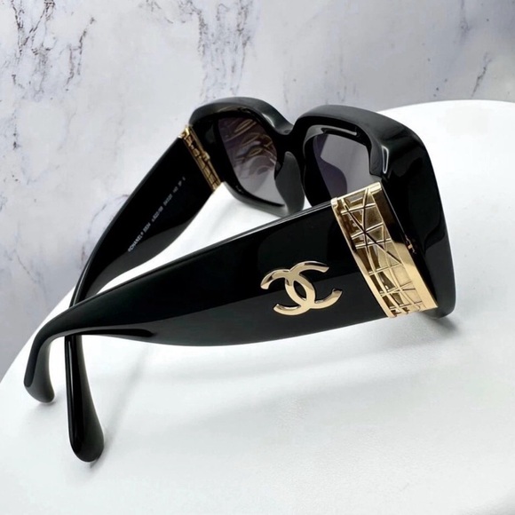 CHANEL Black and Gold Rectangular Sunglasses - Picture 2 of 11